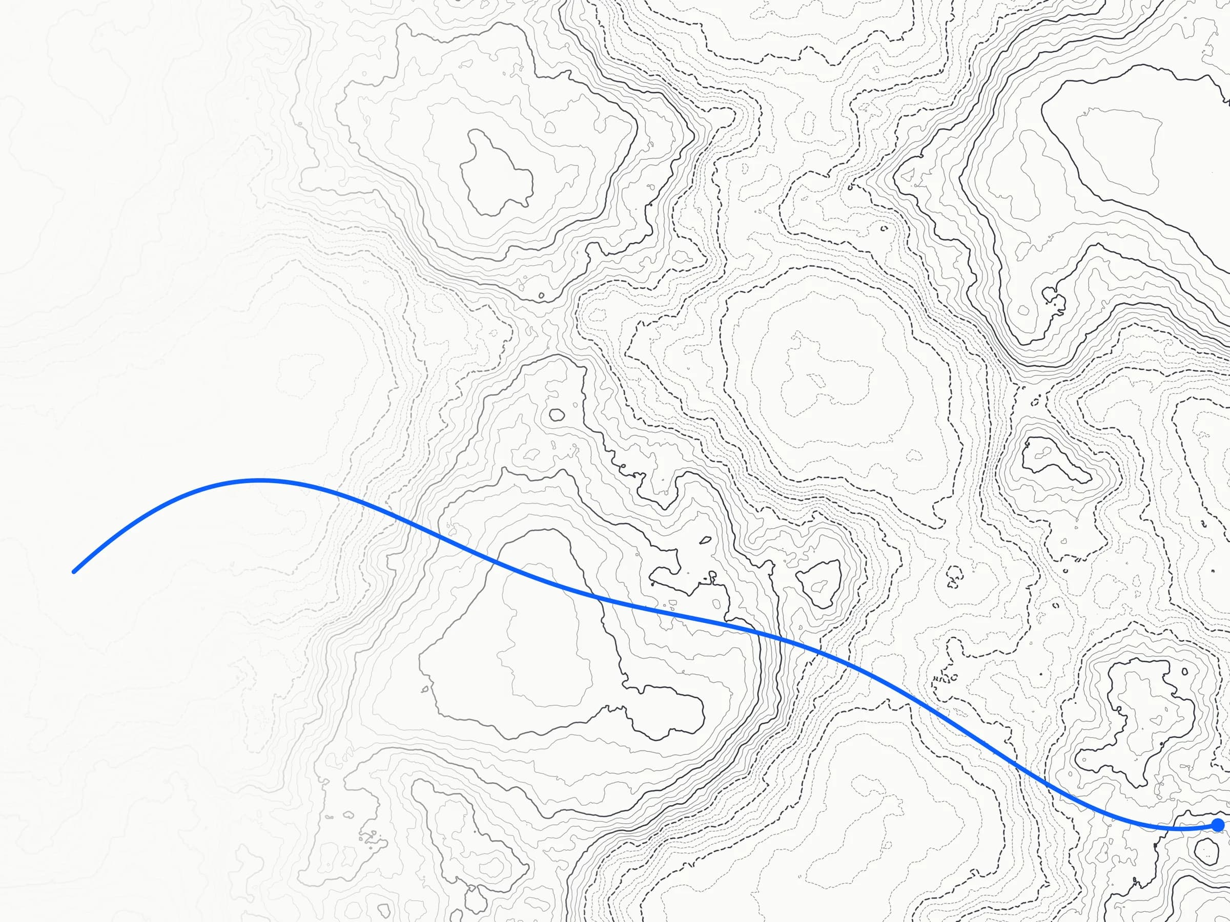 Contour lines of a magnetic relief, with a blue route crossing it.